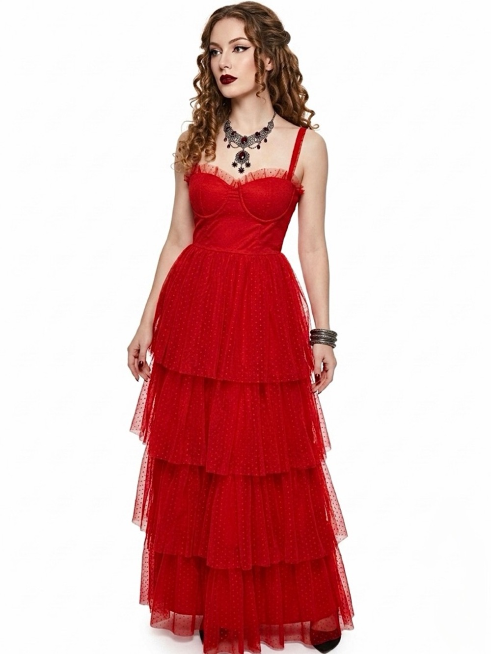 Dolls Kill x Beetlejuice "Red Wedding" Lydia Deetz gown maxi dress tulle - Picture 2 of 12